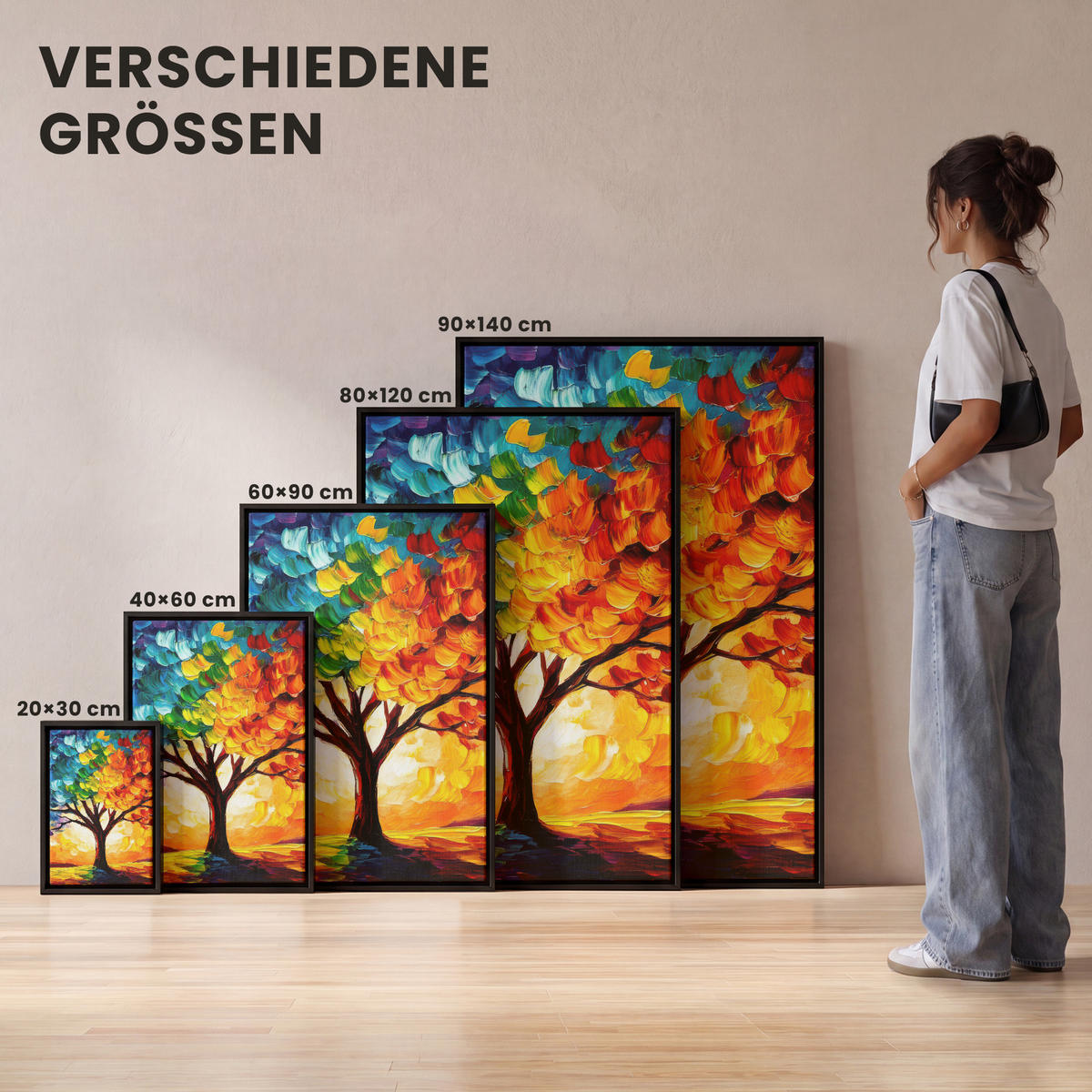 LEINWAND Bilder mit Rahmen - Baum - Kunst - Natur - Sonnenuntergang - 80x120 - Multicolor, Textil (80/120cm) - MuchoWow