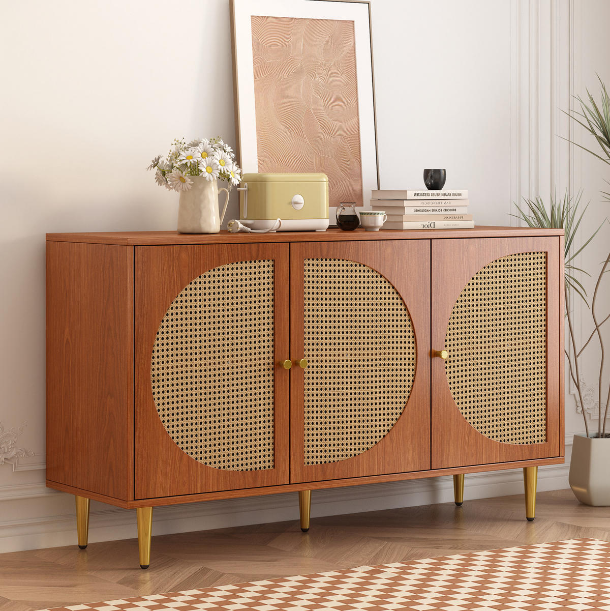 SIDEBOARD 129,8/40/76 cm in Walnuss mit Rattanfront und 3 Türen - Walnussfarben, Holzwerkstoff (129.8/76/40cm) - Flora Grace