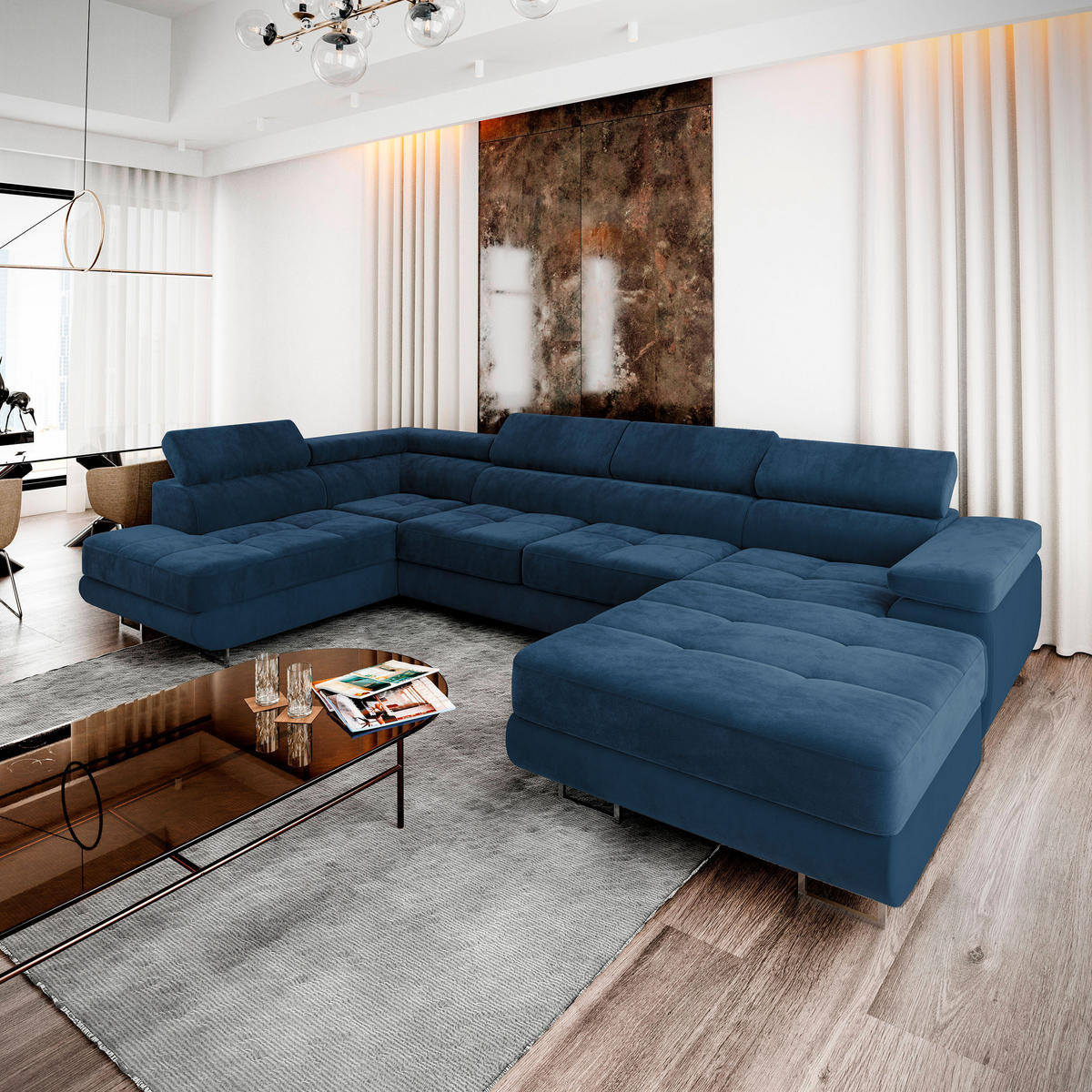 WOHNLANDSCHAFT CASONE L-S Blau Velours-Stoff mit Schlaffunktion - Blau, Holz (345/90/202cm) - MASSENO