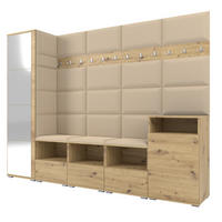 GARDEROBE NELA XI 250 cm (Modulare Flurmöbel Artisan Eiche mit Spiegel & Sitzpolster Beige 04 Großes Set) - Beige/Silberfarben, Holz/Holzwerkstoff (250/187/40cm) - Ravio