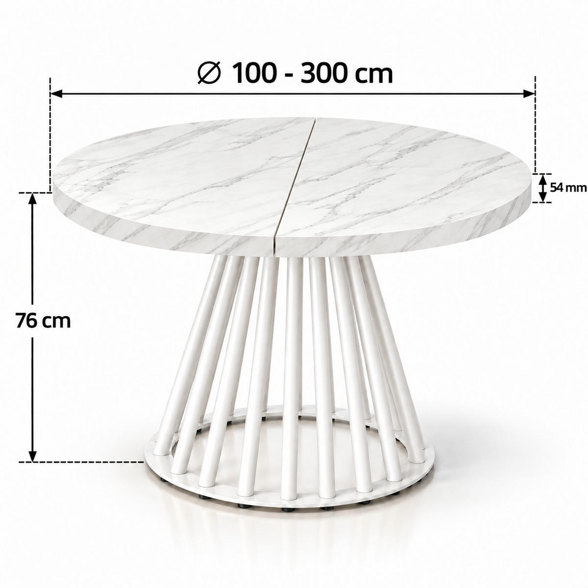 ESSTISCH rund ausziehbar 100/300/76 cm, Marmor, 54 cm Tischplatte + Lamellen-Metallgestell Weiß - Hellgrau/Weiß, Holzwerkstoff/Metall (100/300/76cm) - Damale Möbel