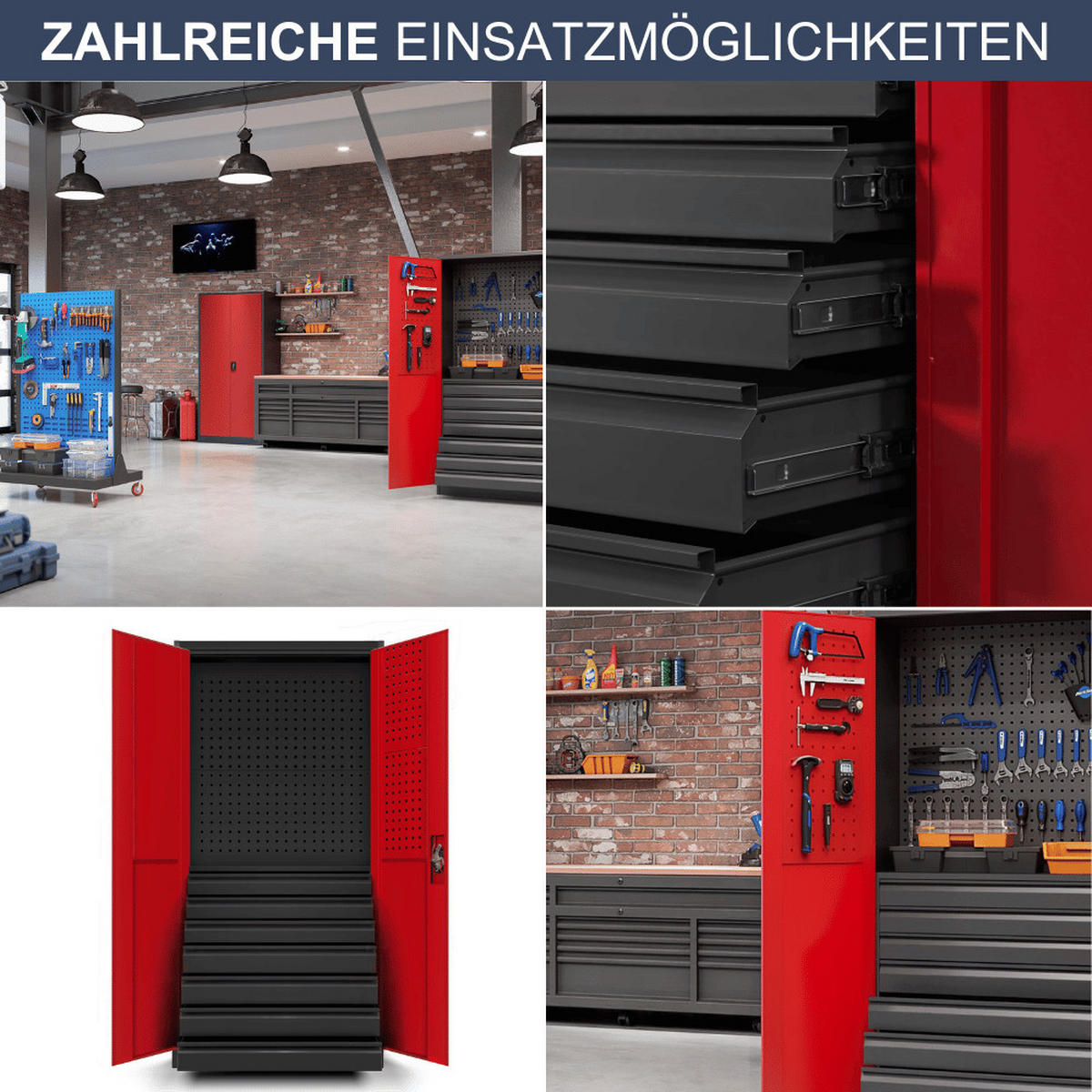 WERKZEUGSCHRANK mit Schubladen TOM 185x92x50cm Anthrazit-Rot - Anthrazit, Metall (92/185/50cm) - DELUKE
