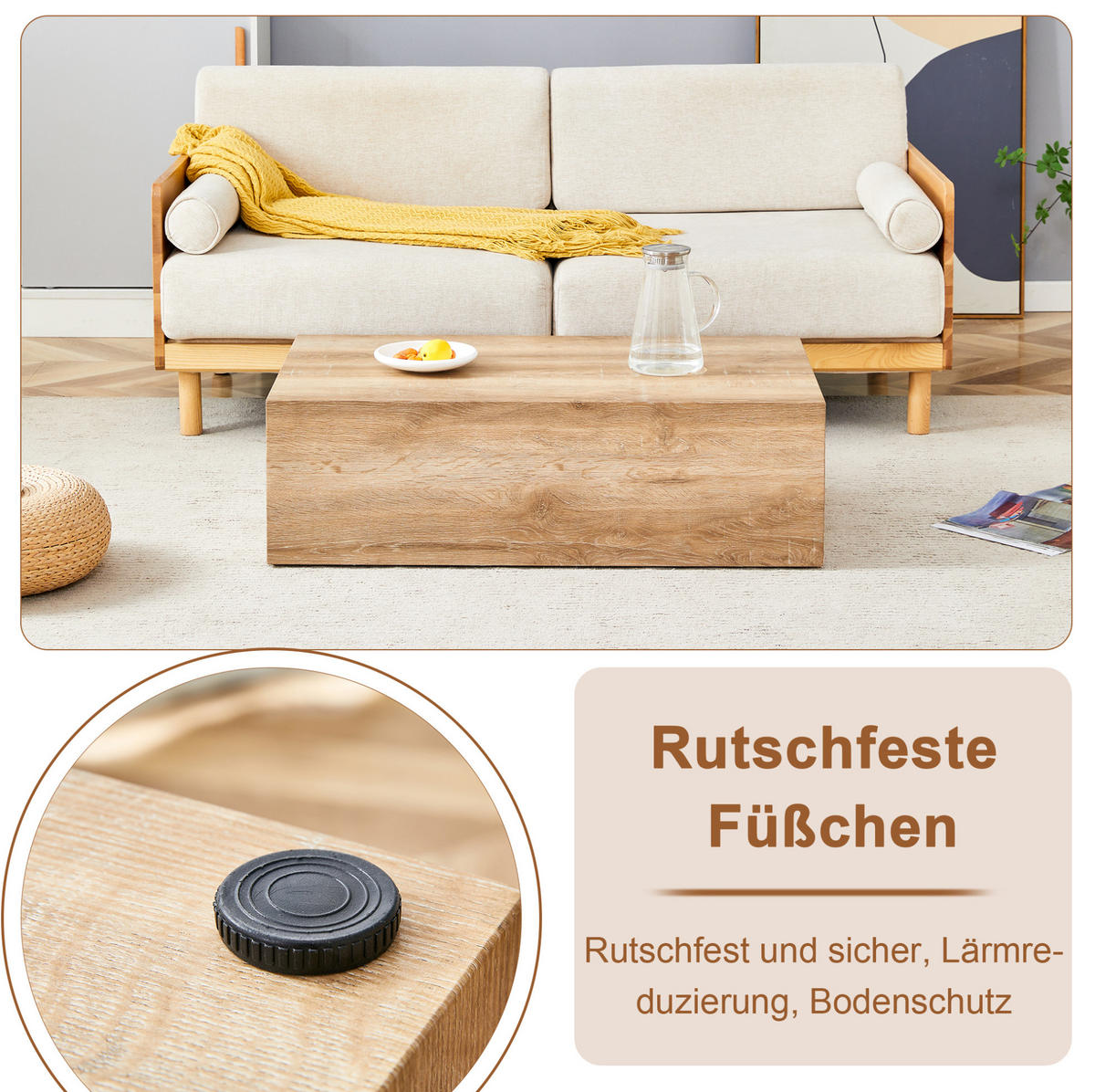 COUCHTISCH aus MDF 90x50x30 cm holzfarben mit Holzmaserung und rutschfesten Silikonfüßen - Naturfarben, Holzwerkstoff (90/50/30cm) - IVMEU