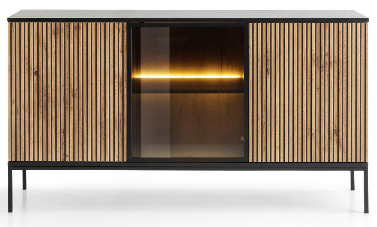 KOMMODE 150 cm Haller mit Lamellen, LED-Beleuchtung, Braun - Braun, Holz (154/83/39cm) - Emporius