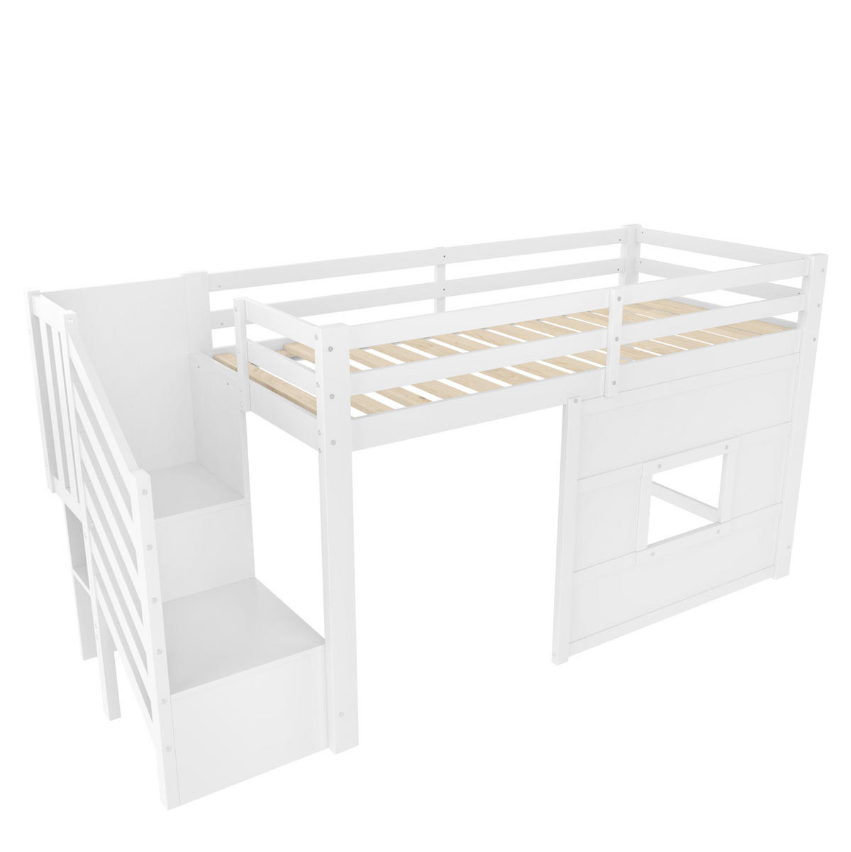 HOCHBETT 90/200 cm mit Stauraumtreppe, Fenster und LED-Beleuchtung aus Kiefer/MDF, Weiß - Weiß, Holzwerkstoff (90/200cm) - Redom