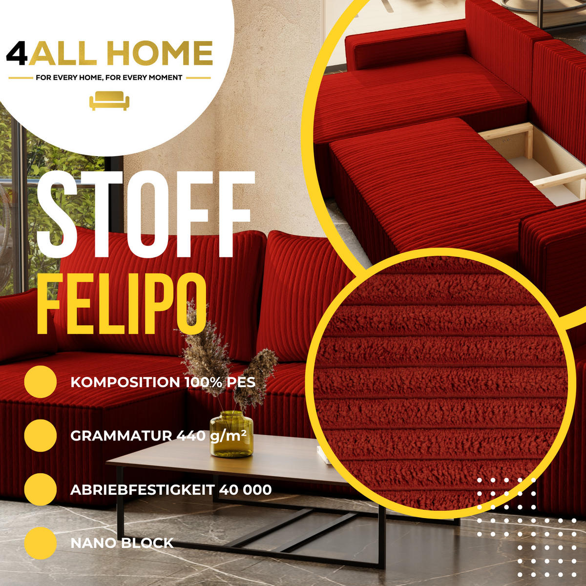 ECKSOFA Tobi mit Bettkasten und Schlaffunktion, L-Form/XL-Form, Cordstoff, Universal - Rot, Holzwerkstoff (276/145cm) - 4ALL HOME