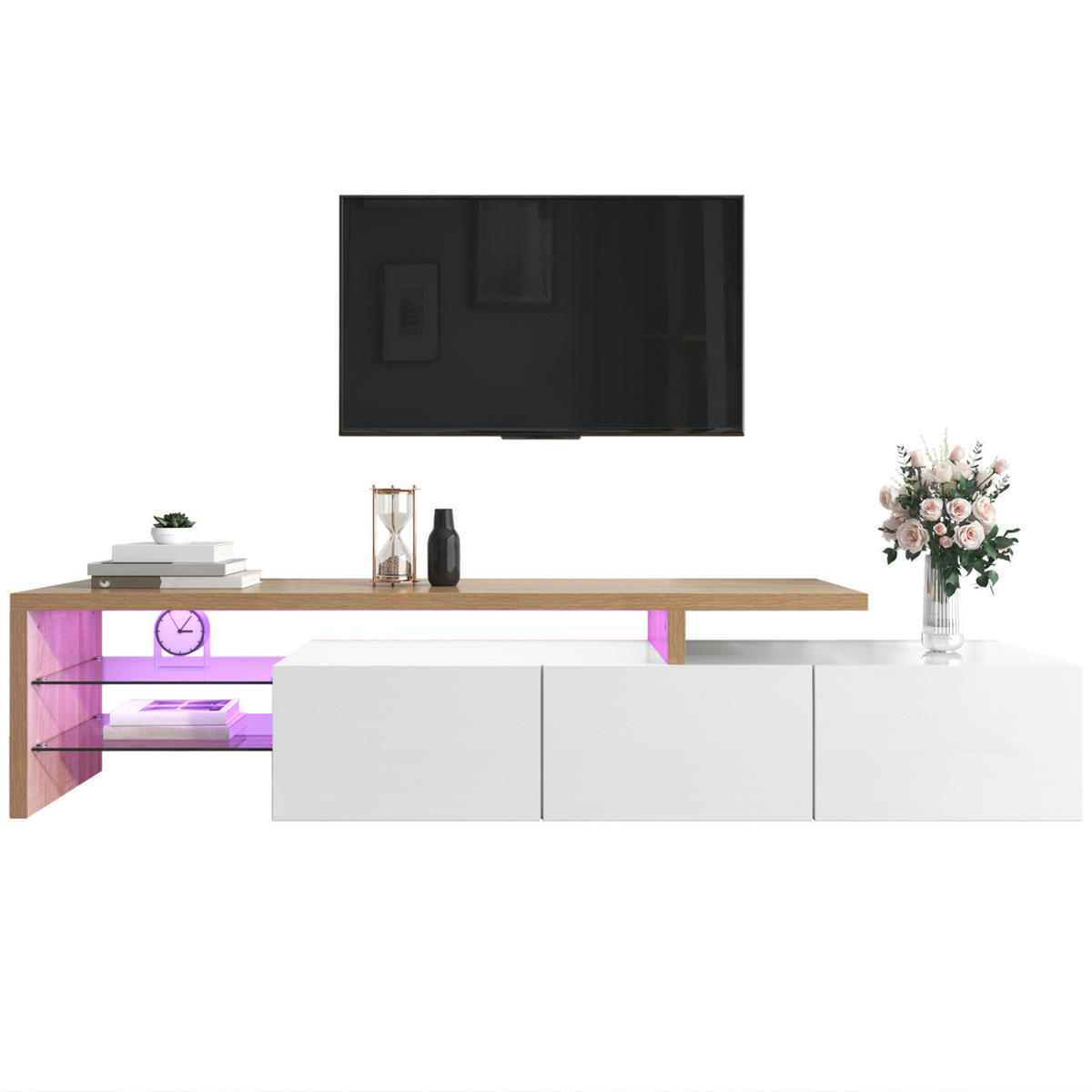 LOWBOARD 197.5/39/42 cm in Natur/Weiß aus MDF und Glas mit LED-Beleuchtung - Weiß, Holzwerkstoff (39/42/197.5cm) - OKMYHOME