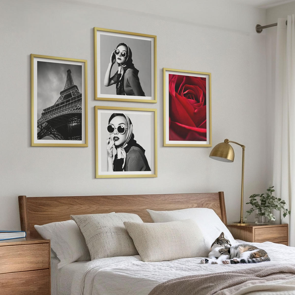 BILDER SET 4er Set - 50x50 cm & 40x60 cm Goldrahmen - Pariserin mit Eiffelturmbrille - Goldfarben, Kunststoff (50/50cm) - TULUP