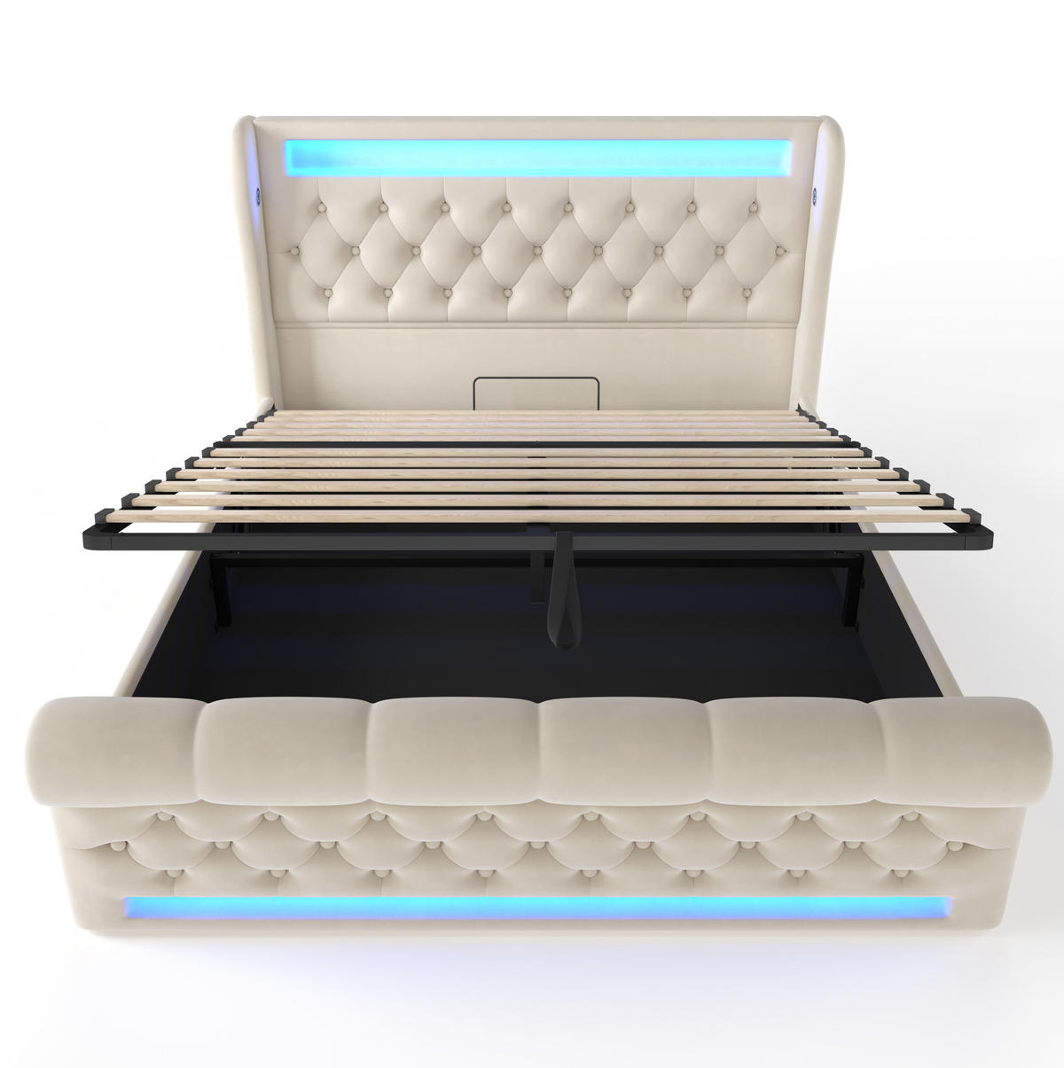 SAMT-POLSTERBETT 160/200 cm mit LED-Beleuchtung, Bettkasten und USB/Typ-C - Beige, Textil (160/200cm) - BEAOK