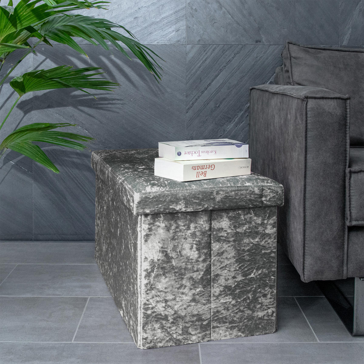 SITZBANK Faltbar mit Samtbezug 76/38/38 cm (Grau) - Grau, Karton (38/38/76cm) - Intirilife