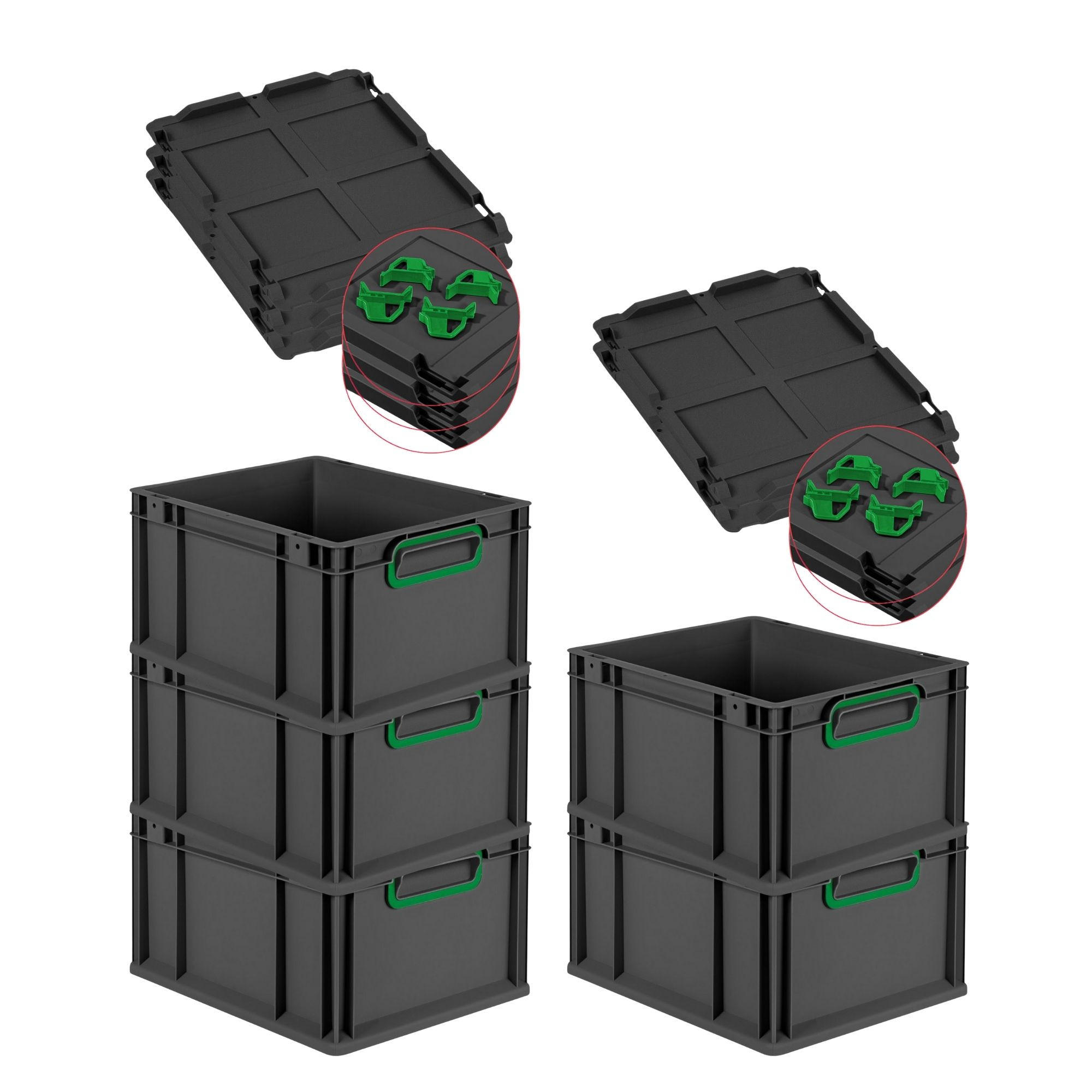 EUROBOX 5x NextGen Color mit Auflagedeckel 22x30x40 cm 20 Liter Schwarz Griffe grün zu - Schwarz/Grün, Kunststoff (30/22/40cm) - PROREGAL