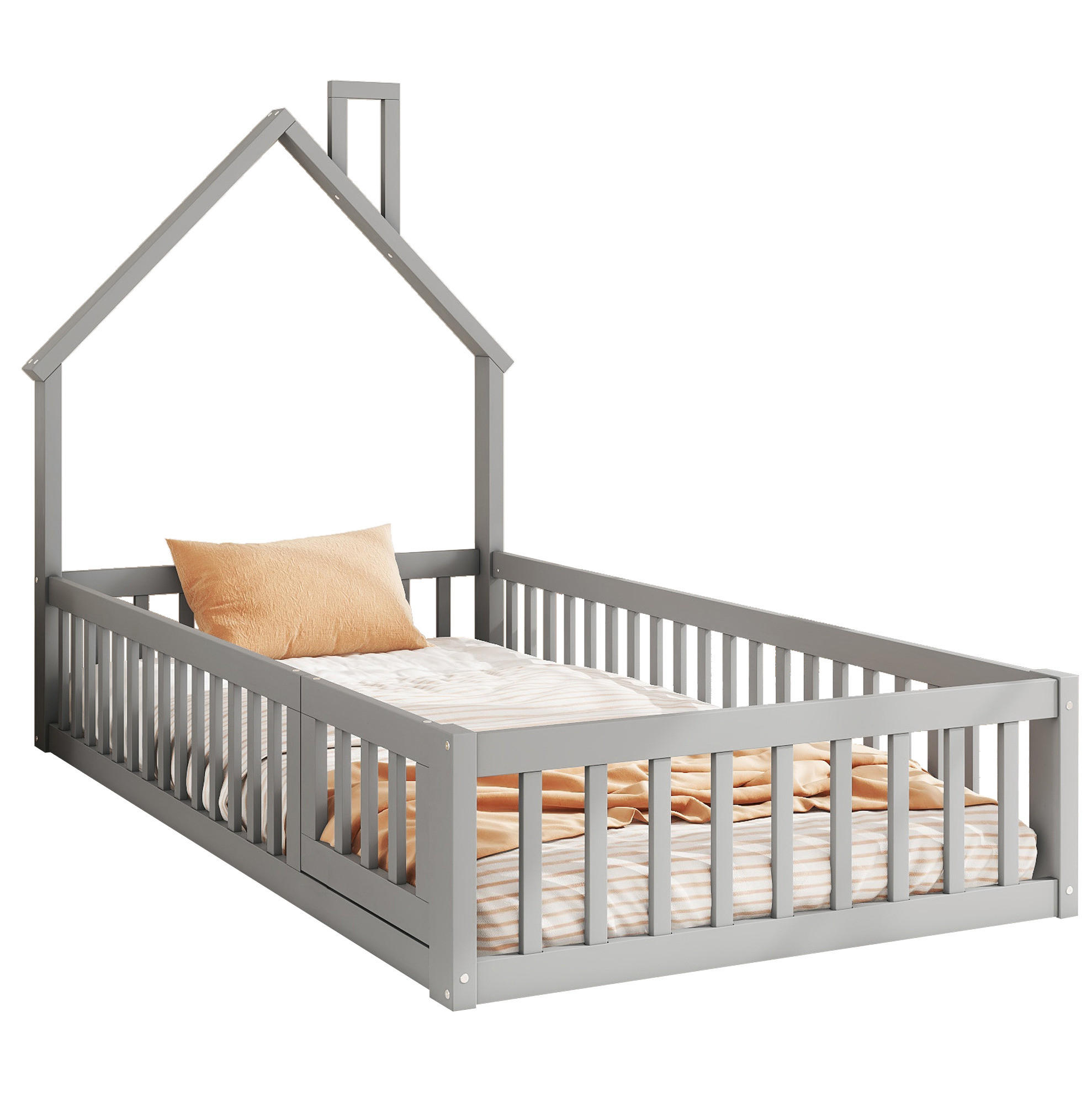 KINDEREINZELBETTEN aus Kiefernholz und MDF 90x200 cm in Grau mit Lattenrost - Grau, Holzwerkstoff (90/200cm) - Modfu