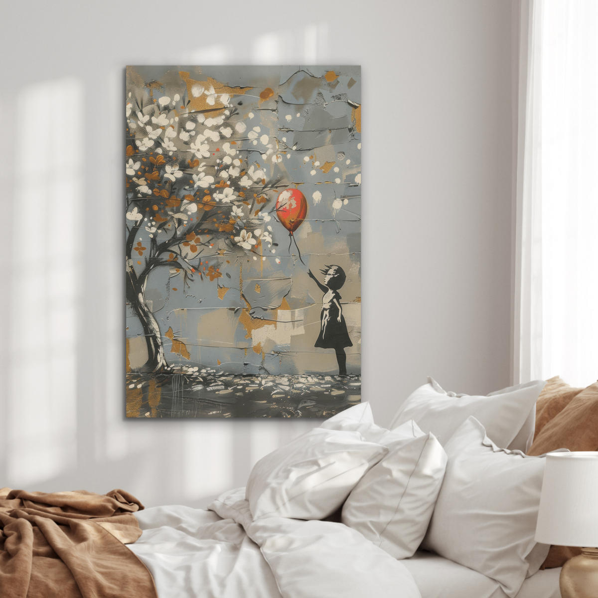 AKUSTIKPANEEL Baum - Graffiti - Banksy-Stil - Ballon-Mädchen 70x100 cm - Blaugrau, Textil (70/0.9/100cm) - MuchoWow