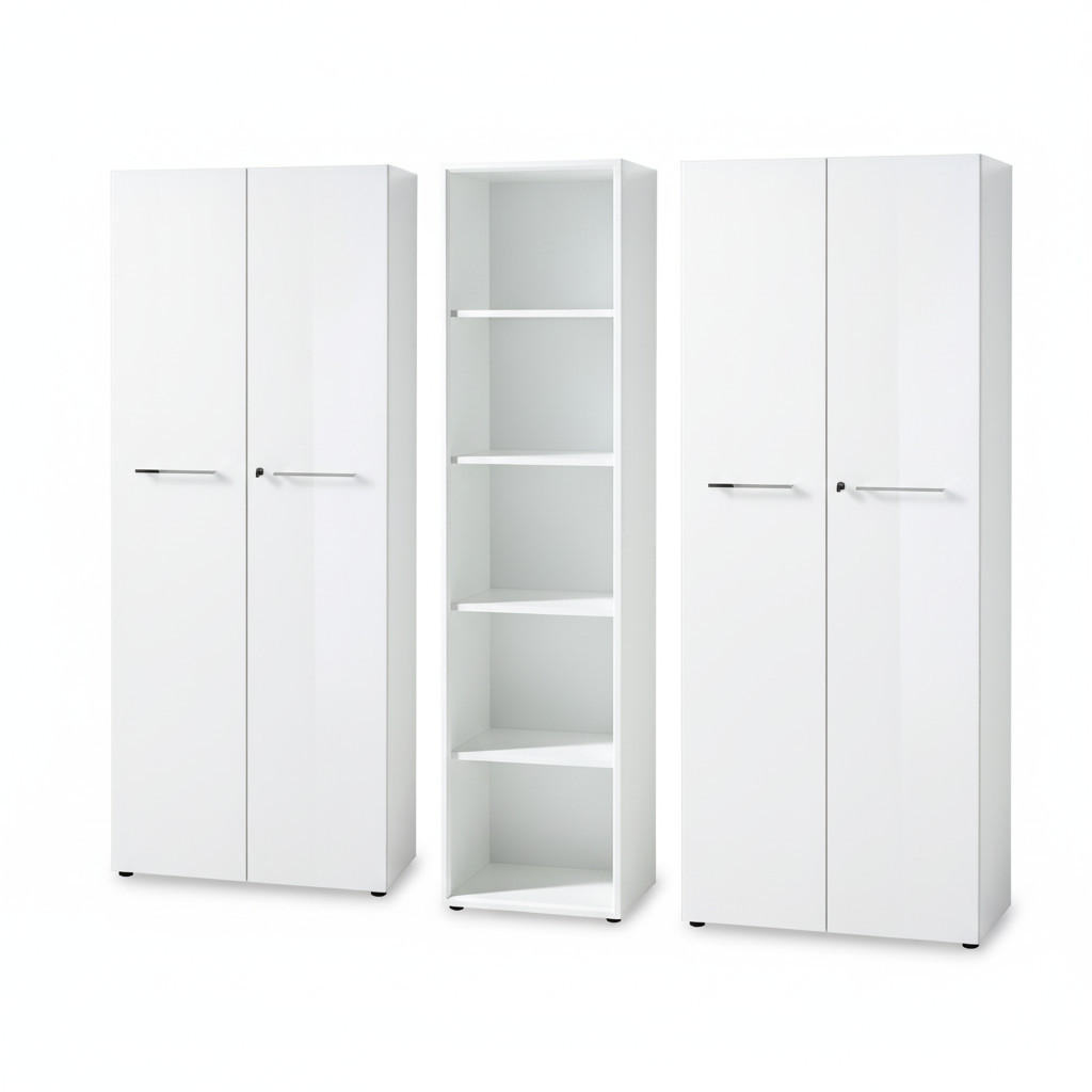 BÜRO-SET MUENCHEN 3-teilig weiß | 240cm breit Glasfront | 2 Schrank Abschließbar & Regal - Weiß, Holzwerkstoff/Metall (240/196/37cm) - KADIMA DESIGN