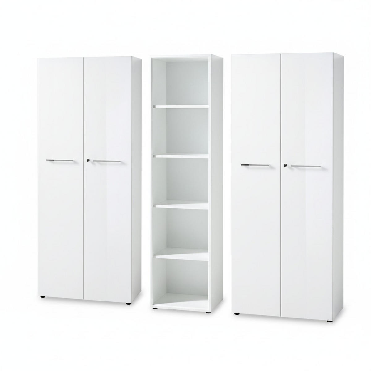 BÜRO-SET MUENCHEN 3-teilig weiß | 240cm breit Glasfront | 2 Schrank Abschließbar & Regal - Weiß, Holzwerkstoff/Metall (240/196/37cm) - KADIMA DESIGN