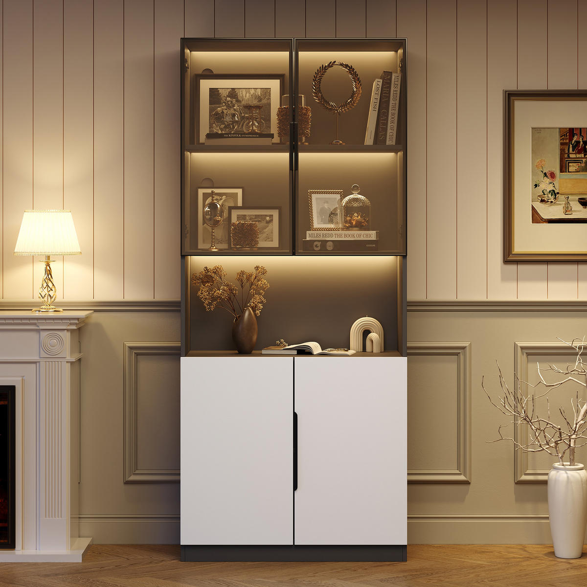 VITRINE, LED, Glastüren, Einstellbar, Weiß/Schwarz, 80x30x200cm - Weiß, Holzwerkstoff (30/200/80cm) - FLIEKS