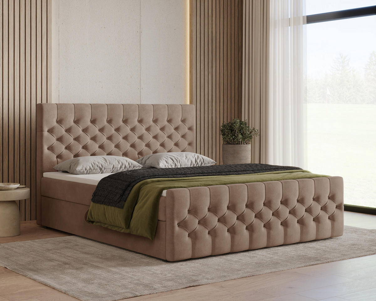 BOXBETT 12 140 x 200 cm - Manila - Modernes Polsterbett mit Bettkasten inkl. PU-Schaum-Topper und Federmechanismus - Cappuccino, Holz (140/200cm) - ROYAL24_MARKT