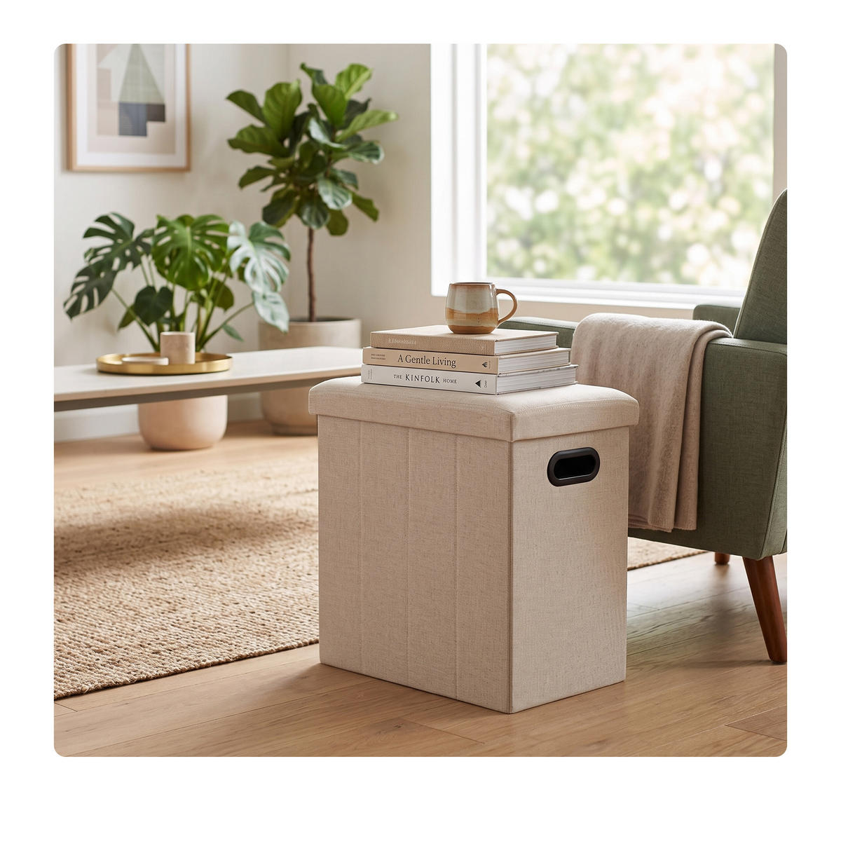 SITTPALL Beige med förvaring hopfällbar - Beige, Träbaserade material/Textil (46/49.5/25.5cm) - Relaxdays