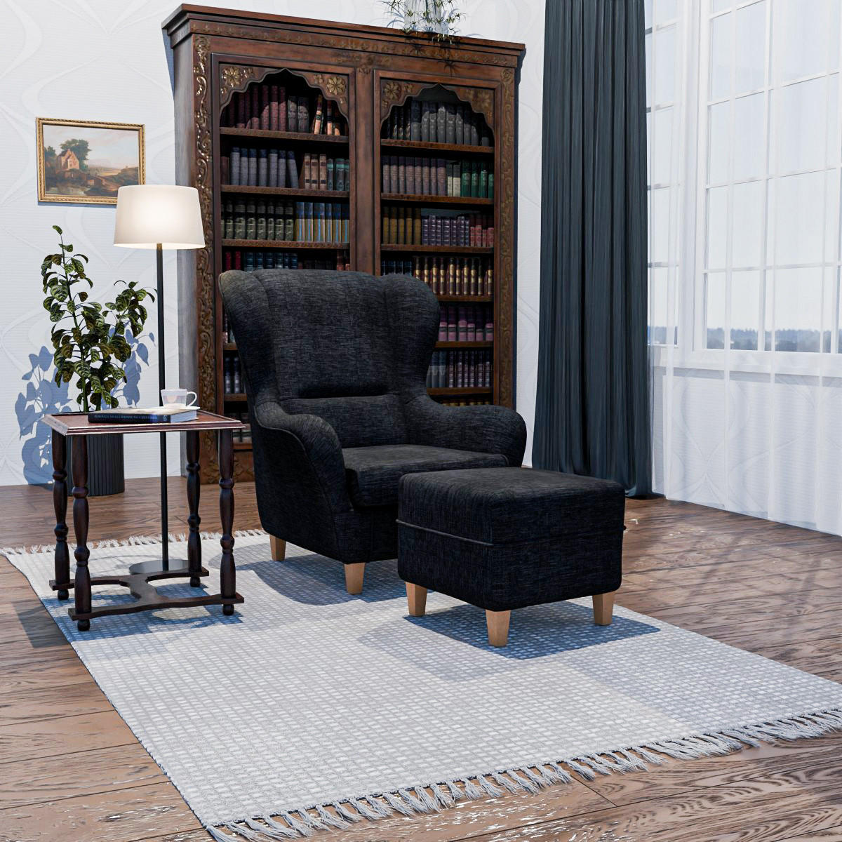 OHRENSESSEL Sofia, Relaxsessel mit Hocker | Design Webstoff Vienna Grau - Nickelfarben, Textil (92/68/95cm) - Supellex