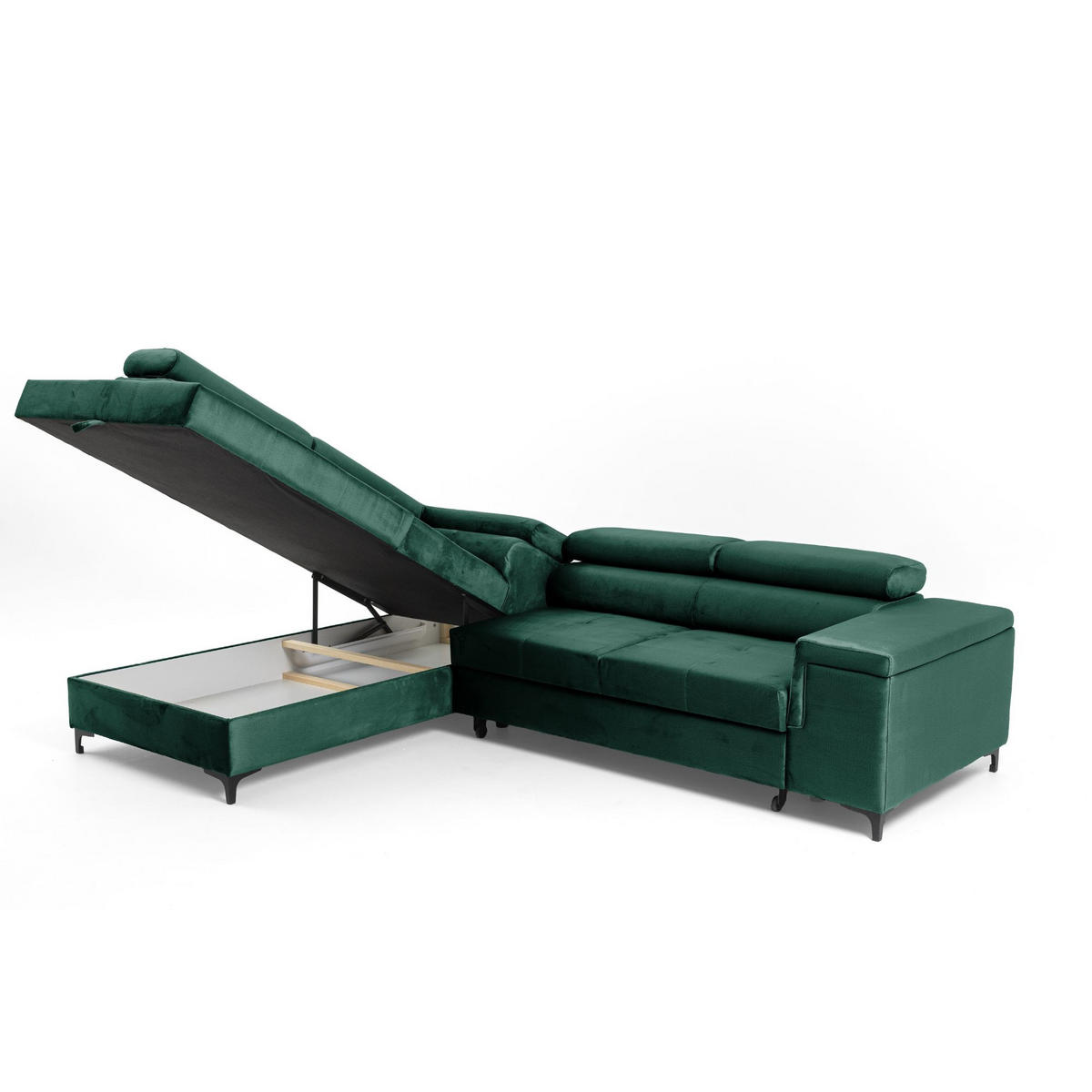 ECKSOFA WILLIAM L Links mit Schlaffunktion 127x195 Velours Grün - Silberfarben/Grün, Holz/Textil (275/203cm) - Muffo