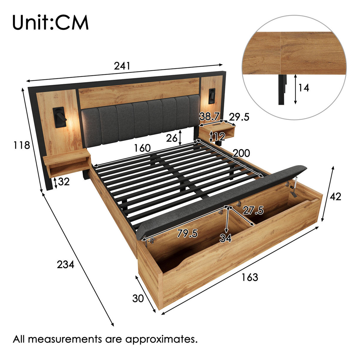 POLSTERBETT 160/200 cm aus Metall, MDF und Leinen mit Leselampen, USB-C und Stauraum Eiche - Eichefarben, Metall (160/200cm) - Modenvie