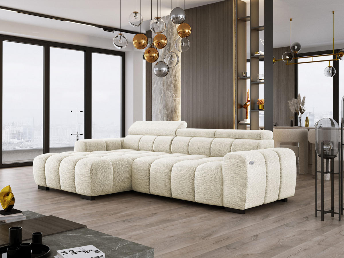 ECKSOFA OMBO 285x168x77/97 cm, Links, Schlaffunktion, elektr. Sitz, Kopfstützen, hydrophober EDEN-Stoff – Weiß - Weiß, Holz/Textil (168/285cm) - DomoHome