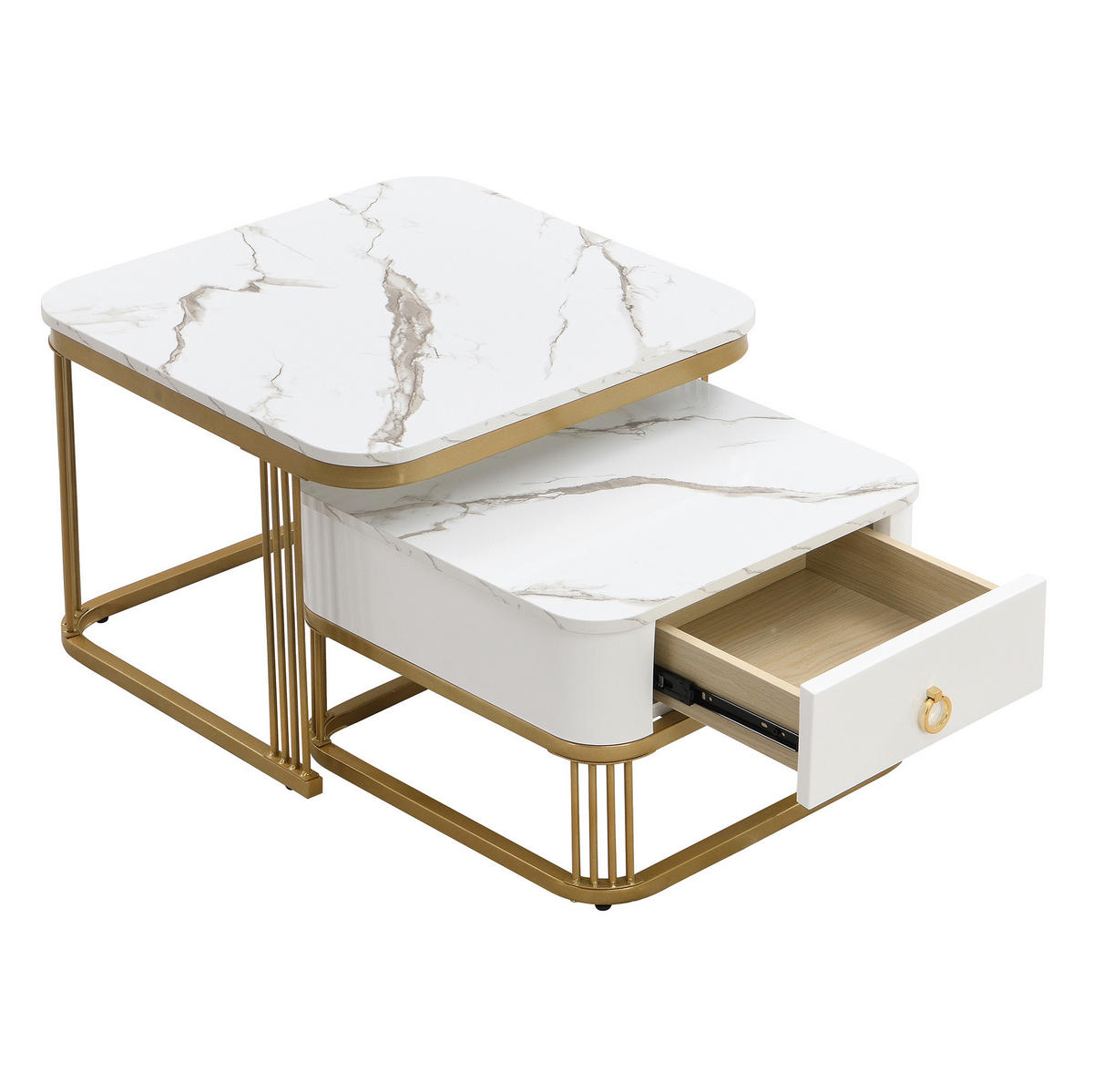 COUCHTISCH-SET 60/60/45 + 50/50/34 cm in Marmoroptik mit Schublade - Weiß, Holzwerkstoff (60/60/45cm) - Flora Grace