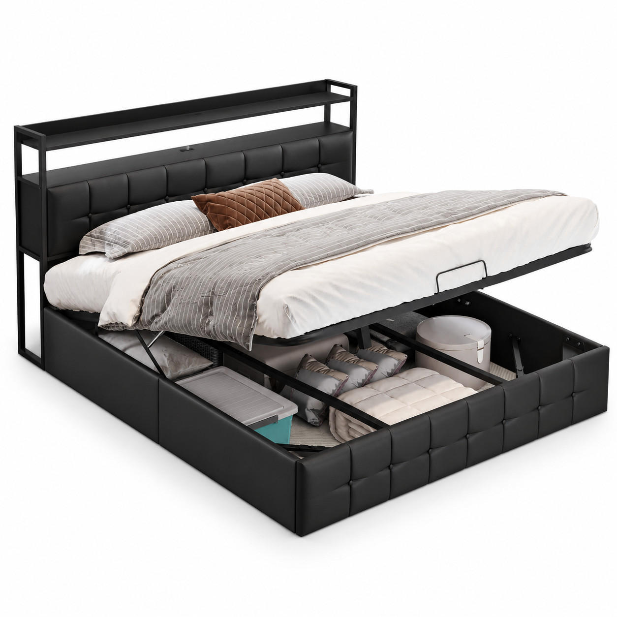 POLSTERBETT 160/200 cm, Schwarz, mit LED-Beleuchtung und Ladefunktion - Schwarz/Naturfarben, Holz/Metall (160/200cm) - FURNISHINGS HOME