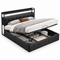 POLSTERBETT 160/200 cm, Schwarz, mit LED-Beleuchtung und Ladefunktion - Schwarz/Naturfarben, Holz/Metall (160/200cm) - FURNISHINGS HOME