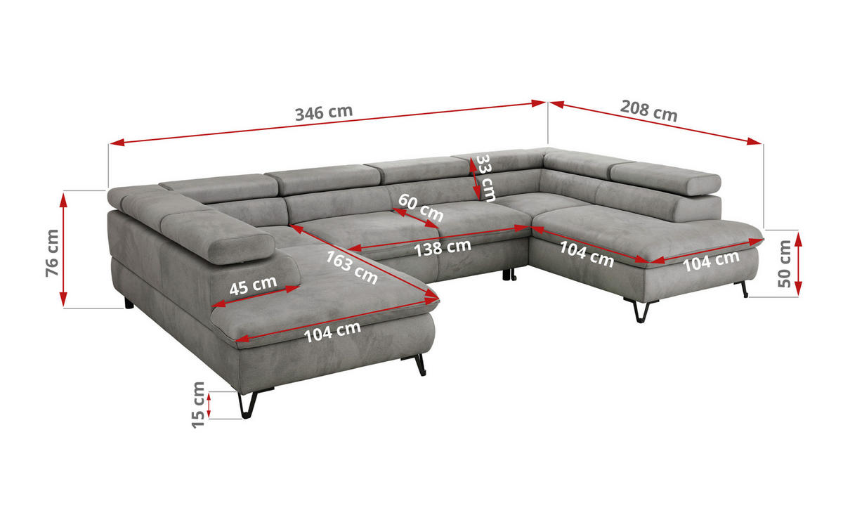 WOHNLANDSCHAFT PABLO U Velvet Hellgrau mit Topper Visco - Hellgrau/Schwarz, Textil/Metall (346/76/208cm) - MKS