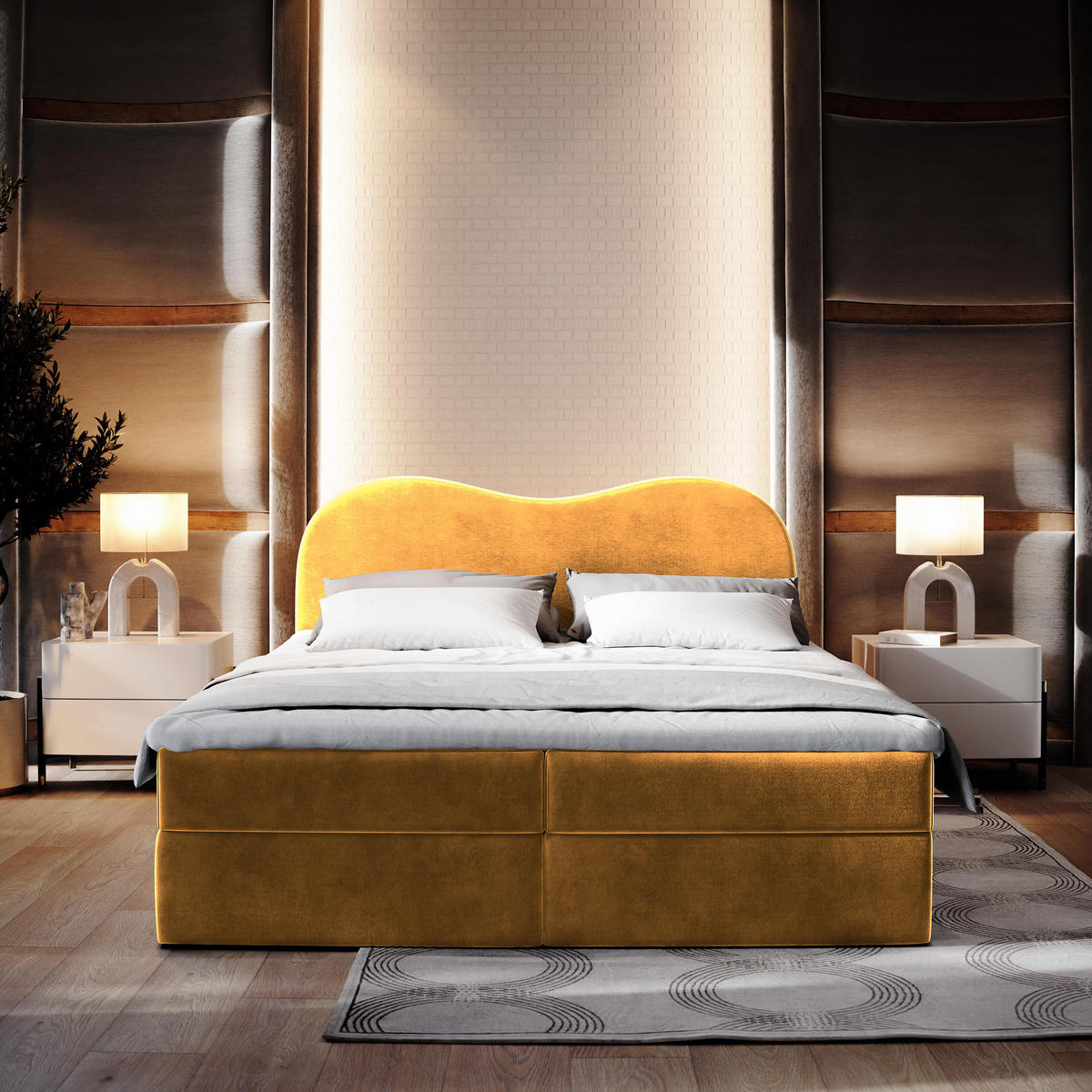 BOXBETT FLUVIA M 180x200 cm mit Matratze und Topper - Gelb - Gelb, Holz (180/200cm) - MASSENO