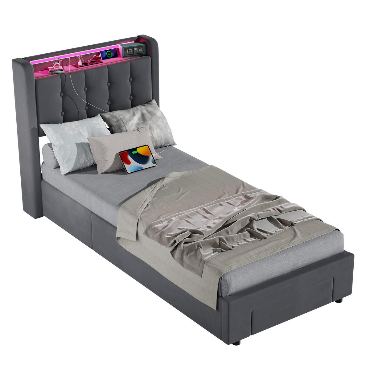 POLSTERBETT 90/190 cm Grau mit LED-Lichtleiste und USB-Anschlüssen - Grau, Holzwerkstoff (90/190cm) - OKWISH