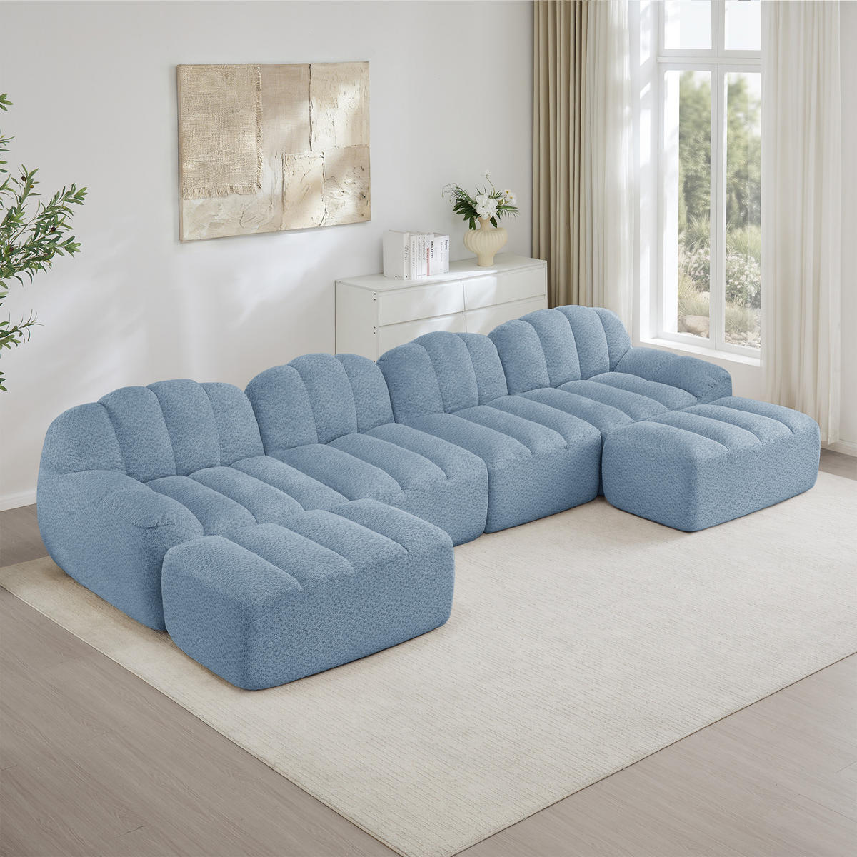 4-SITZER Sofa 366x165x79 cm aus granuliertem Fleece rahmenlos modular mit 2 Ottomans, blau - Blau, Textil (165/79/366cm)