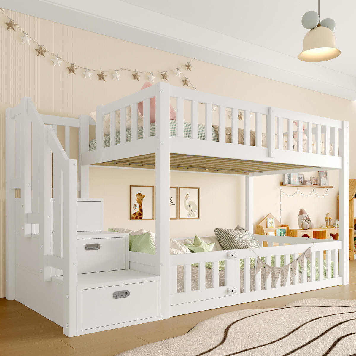 ETAGENBETT 90/200 cm weiß aus Kiefer und MDF mit Stauraumleiter - Weiß, Holzwerkstoff (90/200cm) - OKWISH