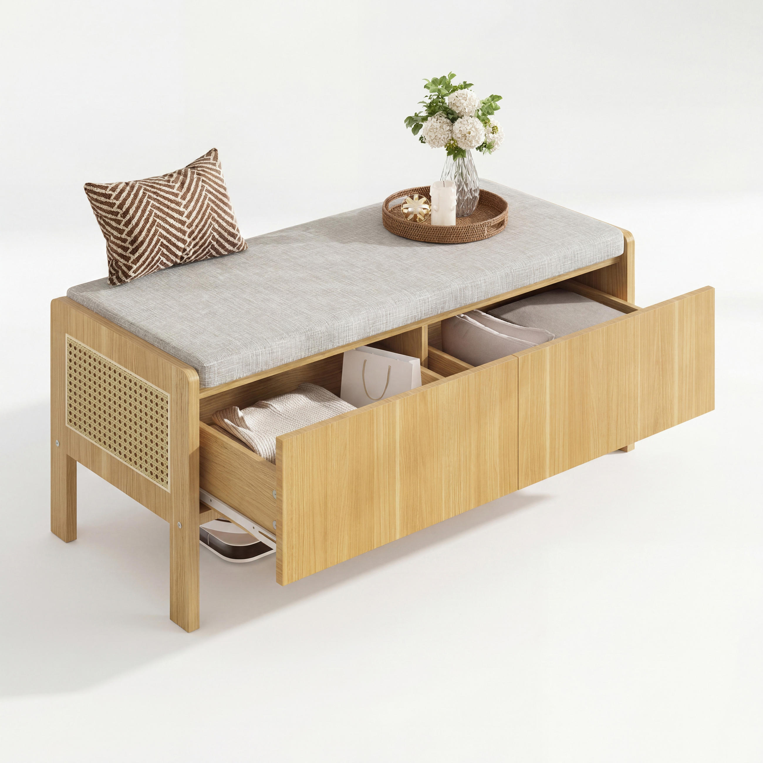 SCHUHBANK in Naturfarbe und Grau Sitzschrank mit Rattan-Geflecht und Schubladen für Flur, B113/T45.5/H40 cm - Naturfarben/Grau, Glas/Holzwerkstoff (113/45.5/40cm) - STILVORA