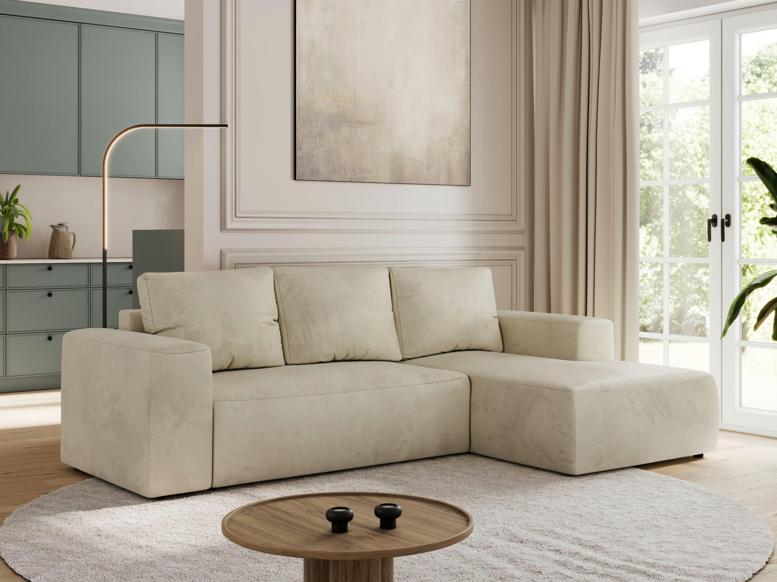 ECKSOFA TRENTINO L Beige Velvet - Rechts - Beige/Schwarz, Textil (164/266cm) - MKS