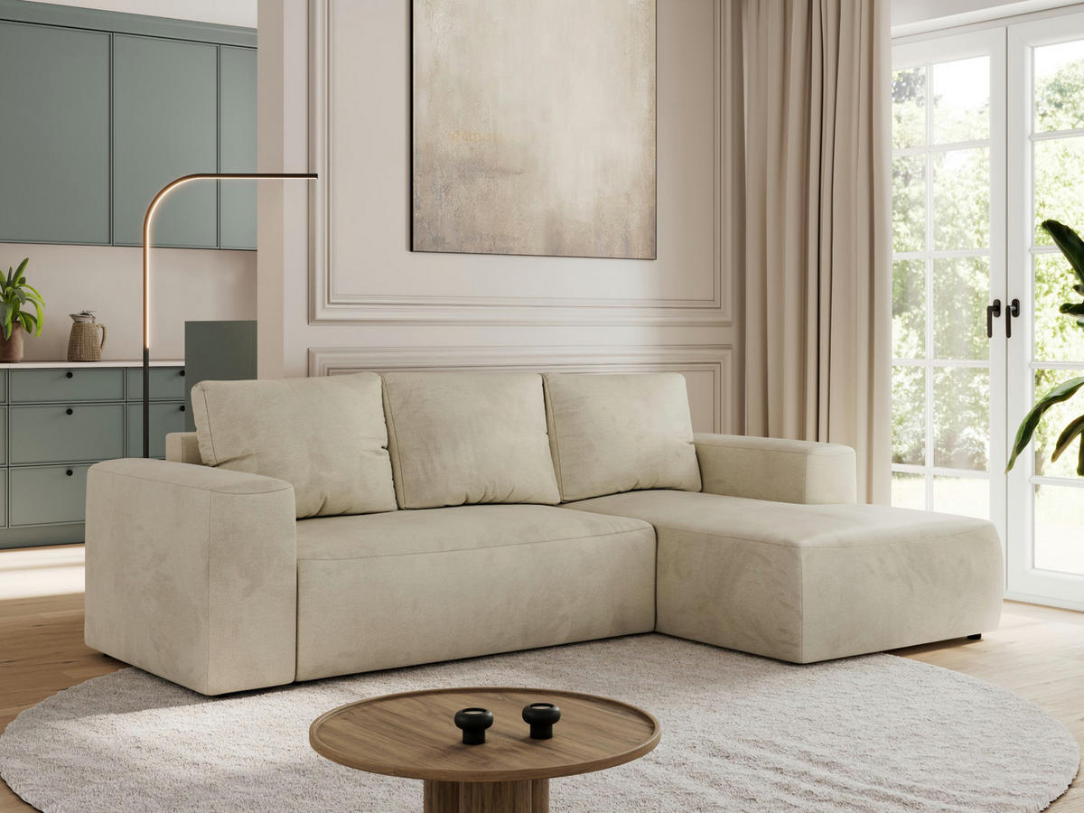 ECKSOFA TRENTINO L Beige Velvet - Rechts - Beige/Schwarz, Textil (164/266cm) - MKS