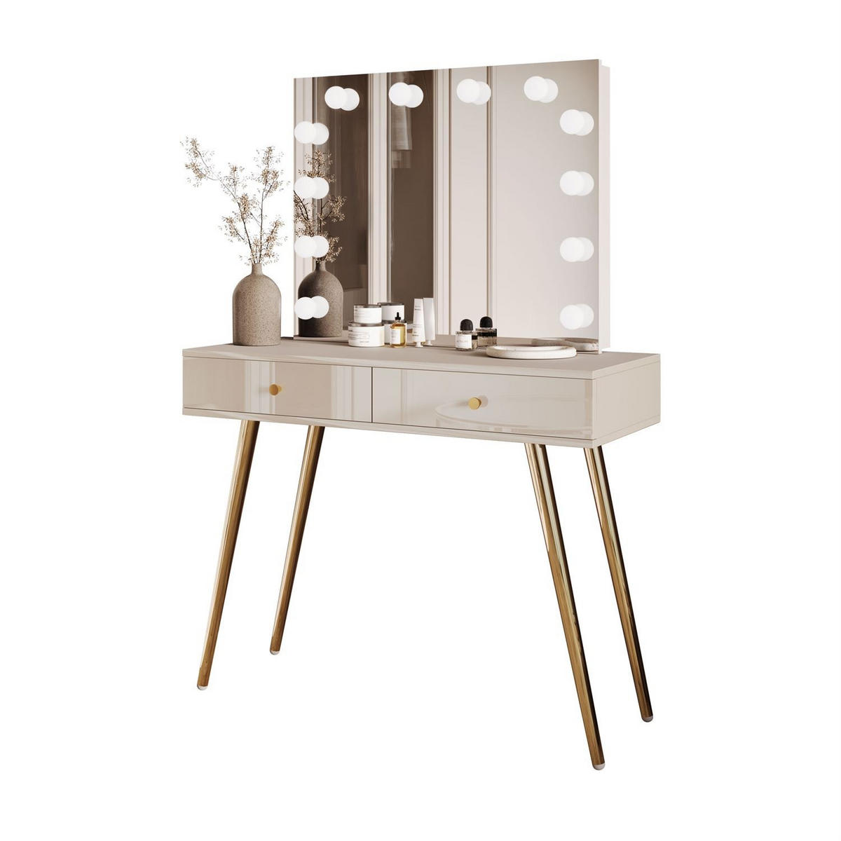 SCHMINKTISCH SIENNA GOLD ELITE auf schrägen Beinen goldener Griff - Ecru, Holzwerkstoff (100/81/42cm) - Lookway