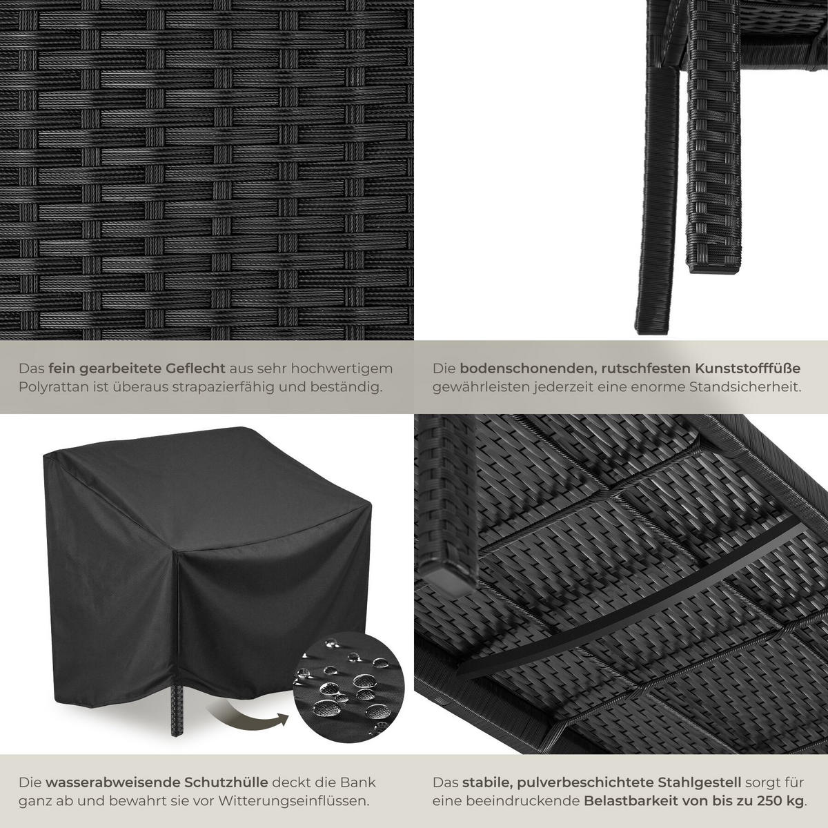 RATTAN-GARTENBANK Murat, 125 x 62,5 x 90 cm, inklusive Schutzhülle, schwarz - Schwarz, Kunststoff (125/90/62.5cm) - tectake