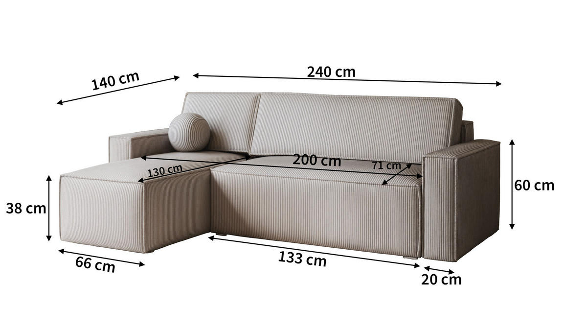 ECKSOFA RAVELO P Grün Kordstoff mit Schlaffunktion - Grün, Holz (240/140cm) - MASSENO