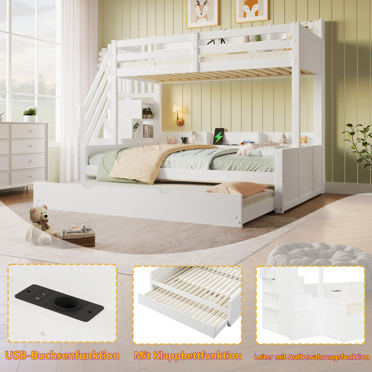 ETAGENBETT aus MDF und Kiefernholz 90x200/140x200 cm Weiß mit Ausziehbett, Stauraumtreppe und USB-Anschluss - Weiß, Holz (90/200cm) - Modfu