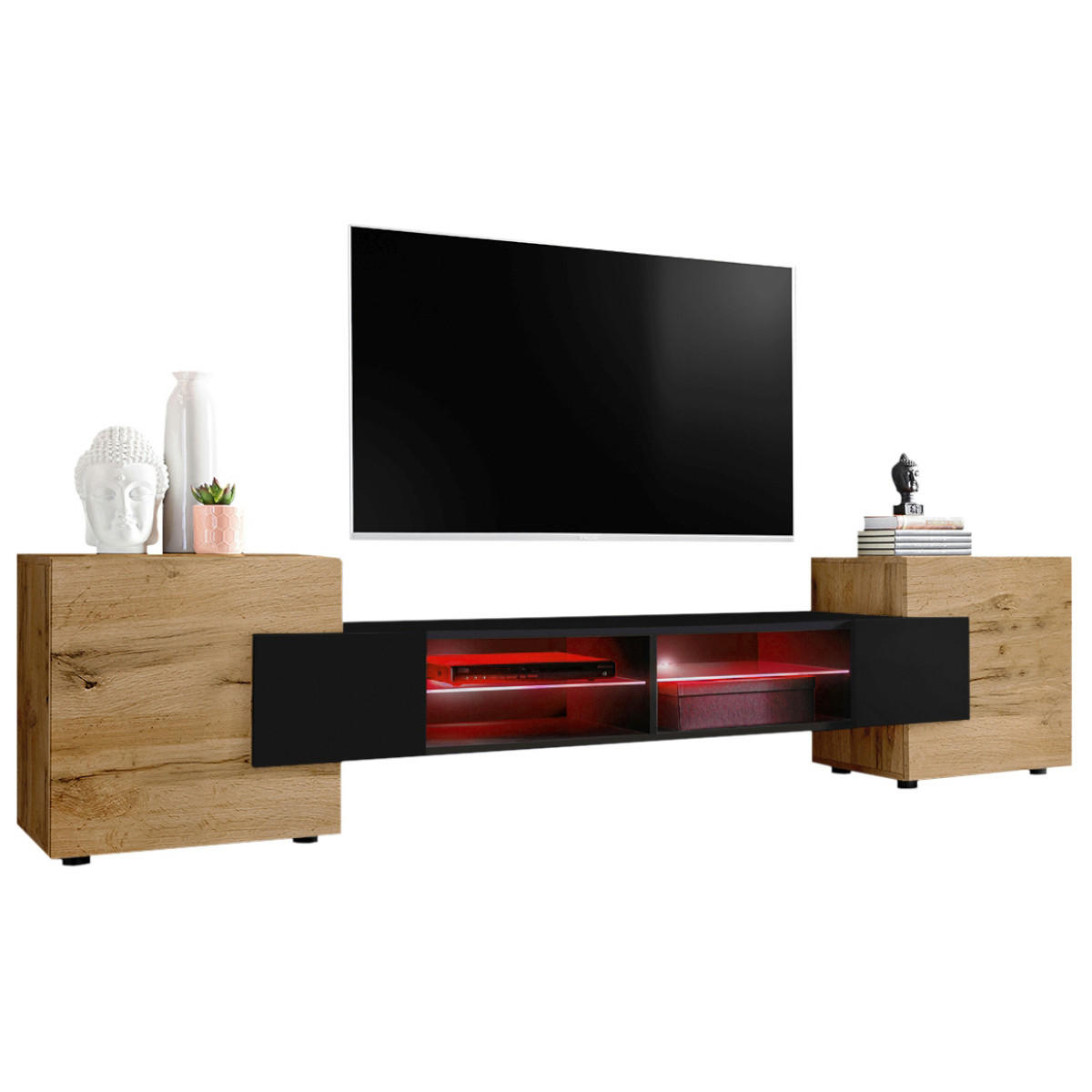 LOWBOARD MERANO Eiche Wotan, LED Beleuchtung Mehrfarbige - Eiche Wotan/Schwarz, Glas/Holzwerkstoff (230/52.5/35cm) - Komodee
