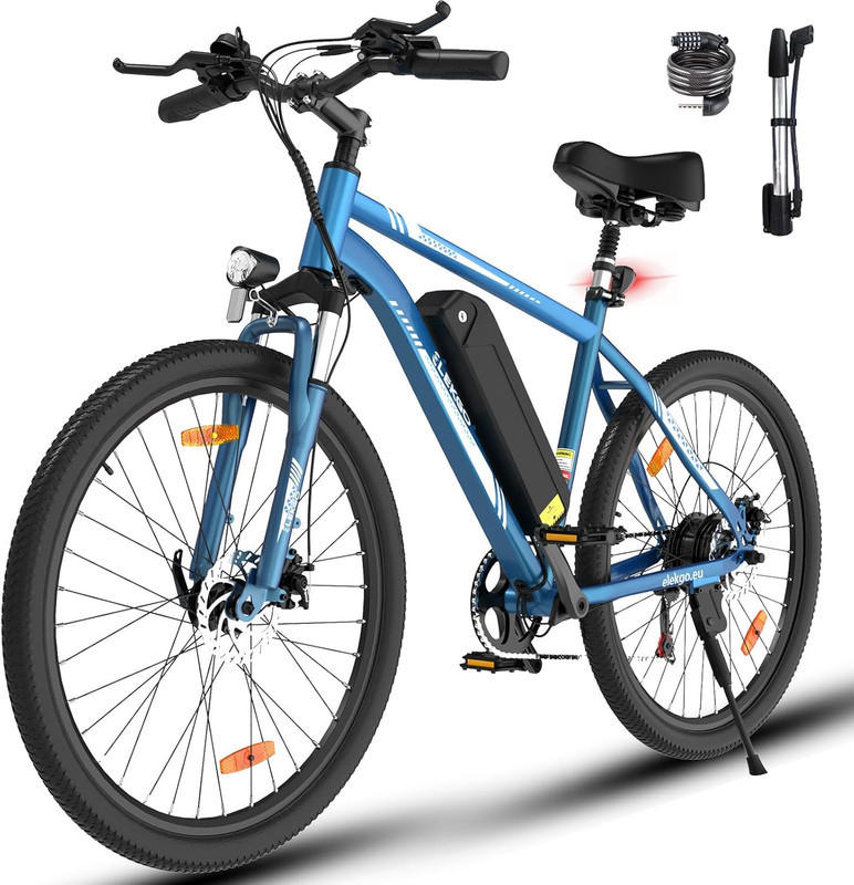 E-BIKE Mountain EG15 für Damen & Herren, 7 Gang, bis zu 90km - Blau, Metall (74cm) - ELEKGO