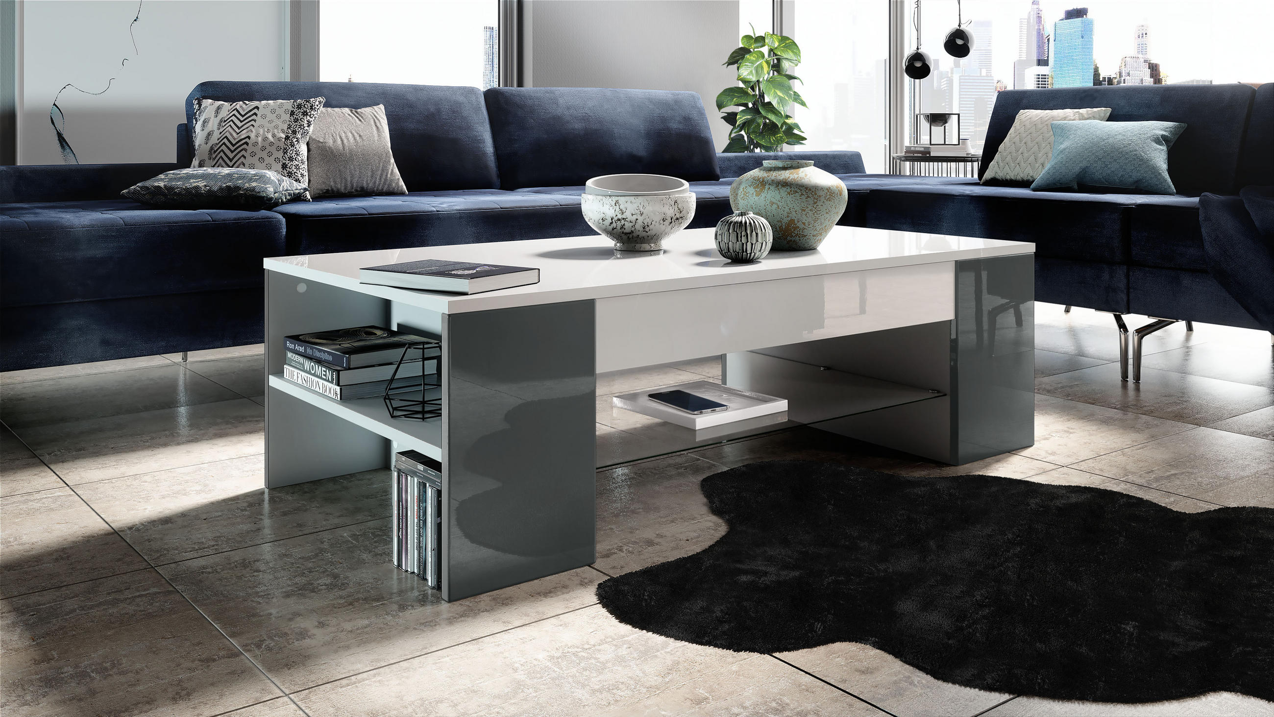 COUCHTISCH Clip Blenden in Grau Hochglanz - Grau, Holzwerkstoff (60/118/37cm) - Vladon