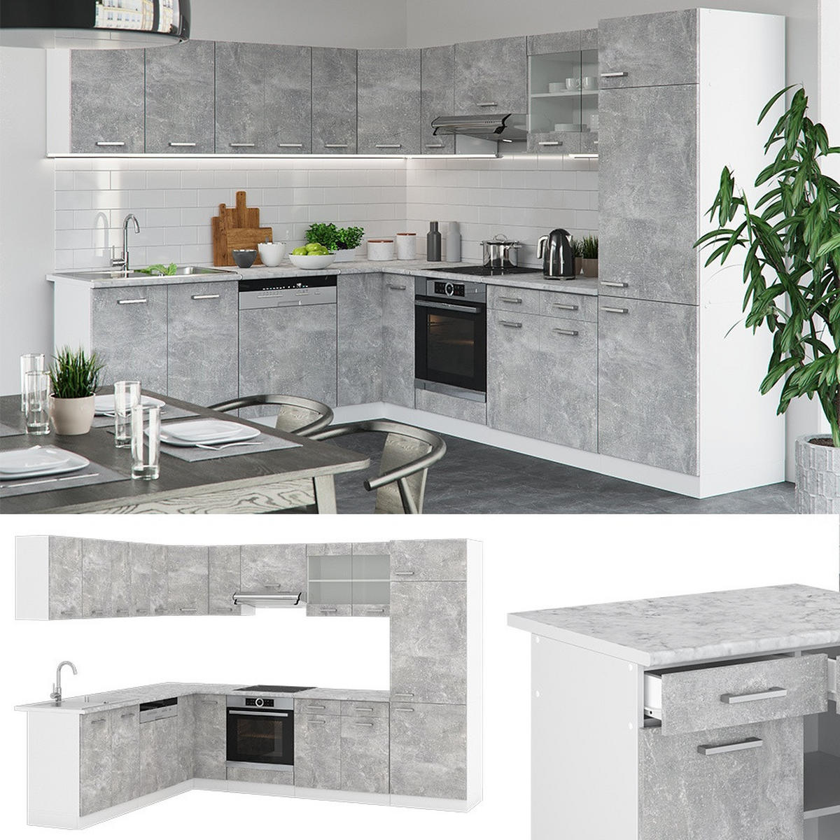 ECKKÜCHE R-Line, Beton/Weiß, 287 x 227 cm ohne Arbeitsplatte - Weiß/Grau, Holzwerkstoff (287/81.6/46cm) - Vicco