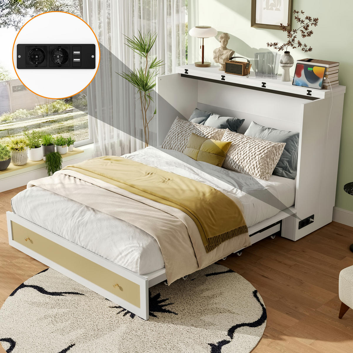 SCHRANKBETT 140/200 cm DE-04770, mit USB, Steckdose und Schubladen in Weiß - Weiß, Holzwerkstoff (140/200cm) - ComfortXL