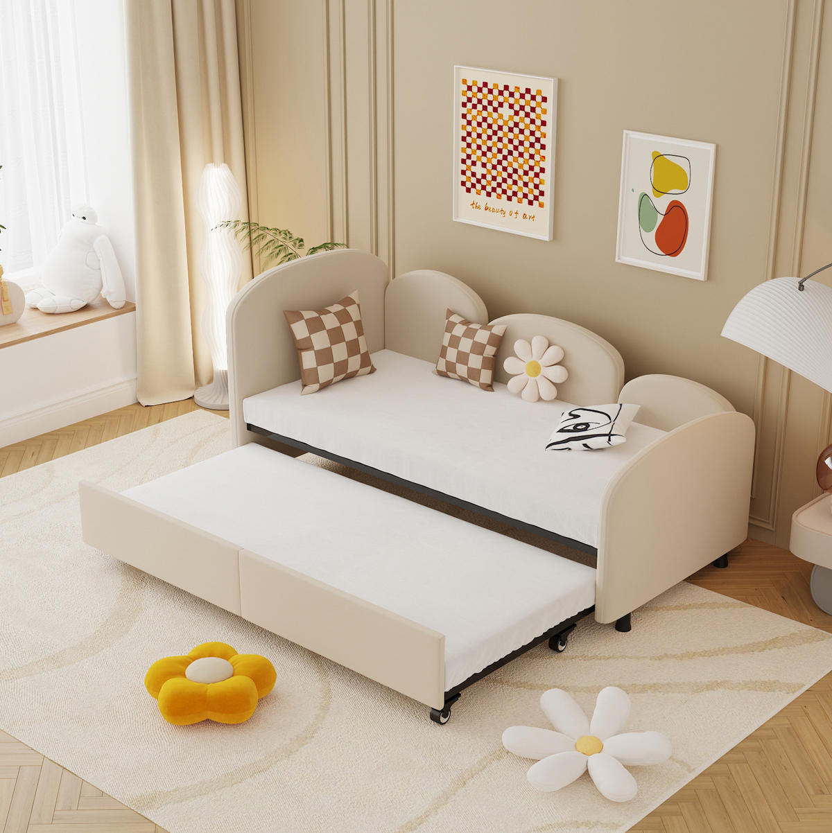 KINDERBETT 90/200 cm mit Schublade und Blumenform, Samtbezug, Beige - Beige, Textil (90/200cm) - Redom