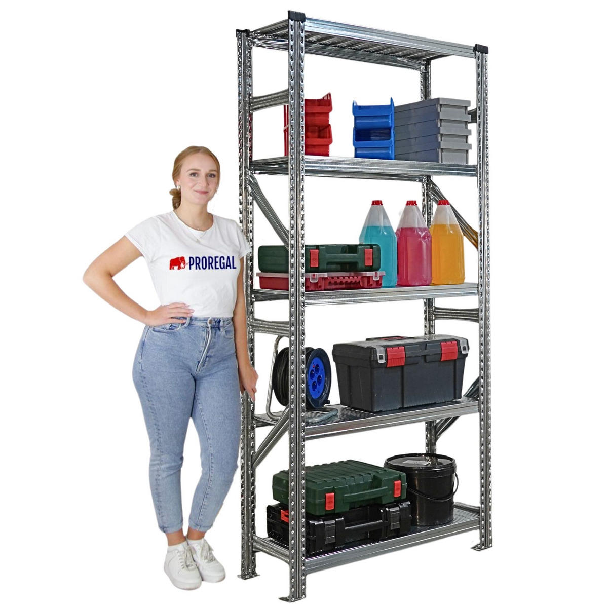 FACHBODENREGAL Proximo Stecksystem 200x90x32cm 5 Ebenen Fachlast 200 kg Beidseitig nutzbar Verzinkt - Silberfarben, Metall (90/200/32cm) - PROREGAL