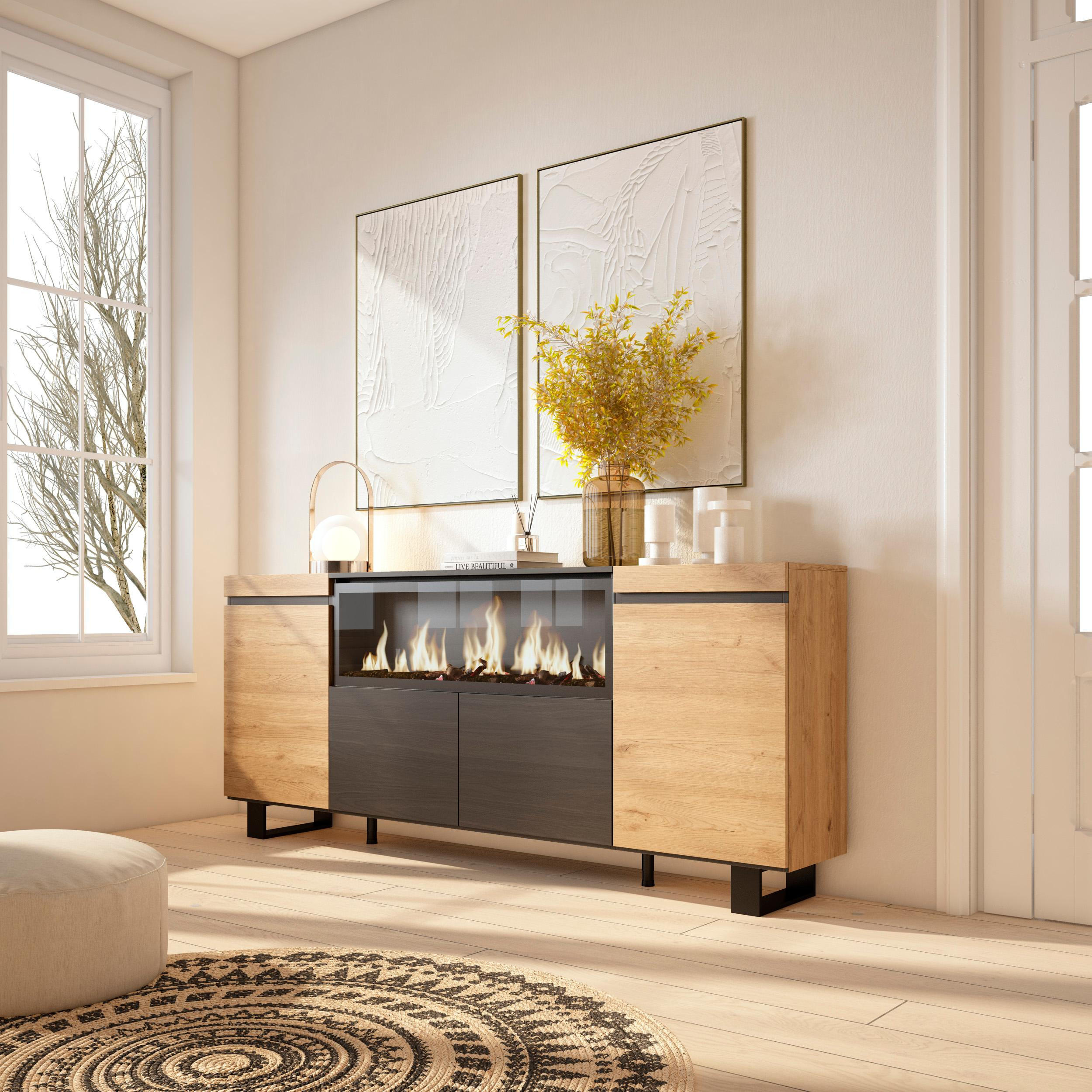 SIDEBOARD Highboard, Elektrokamin XXL, eiche, schwarz, 208/35/87cm - Eichefarben/Beige, Holzwerkstoff (208/87/35cm) - Skraut Home