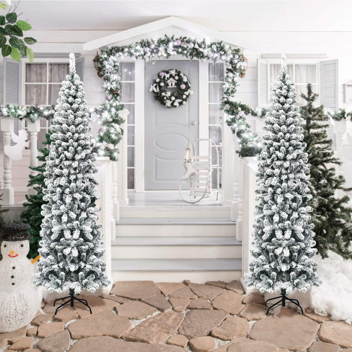 WEIHNACHTSBAUM Bleistiftform mit Schnee 225 cm grün - Grün, Metall (225cm) - COSTWAY